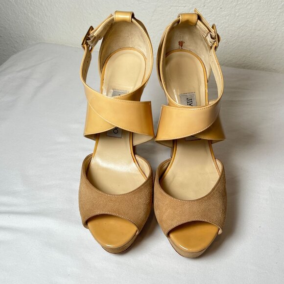 Jimmy Choo Fiery Patent Platform Ankle Strap Heel Sandals Beige EU 38 US 8 Luxe - Picture 7 of 16